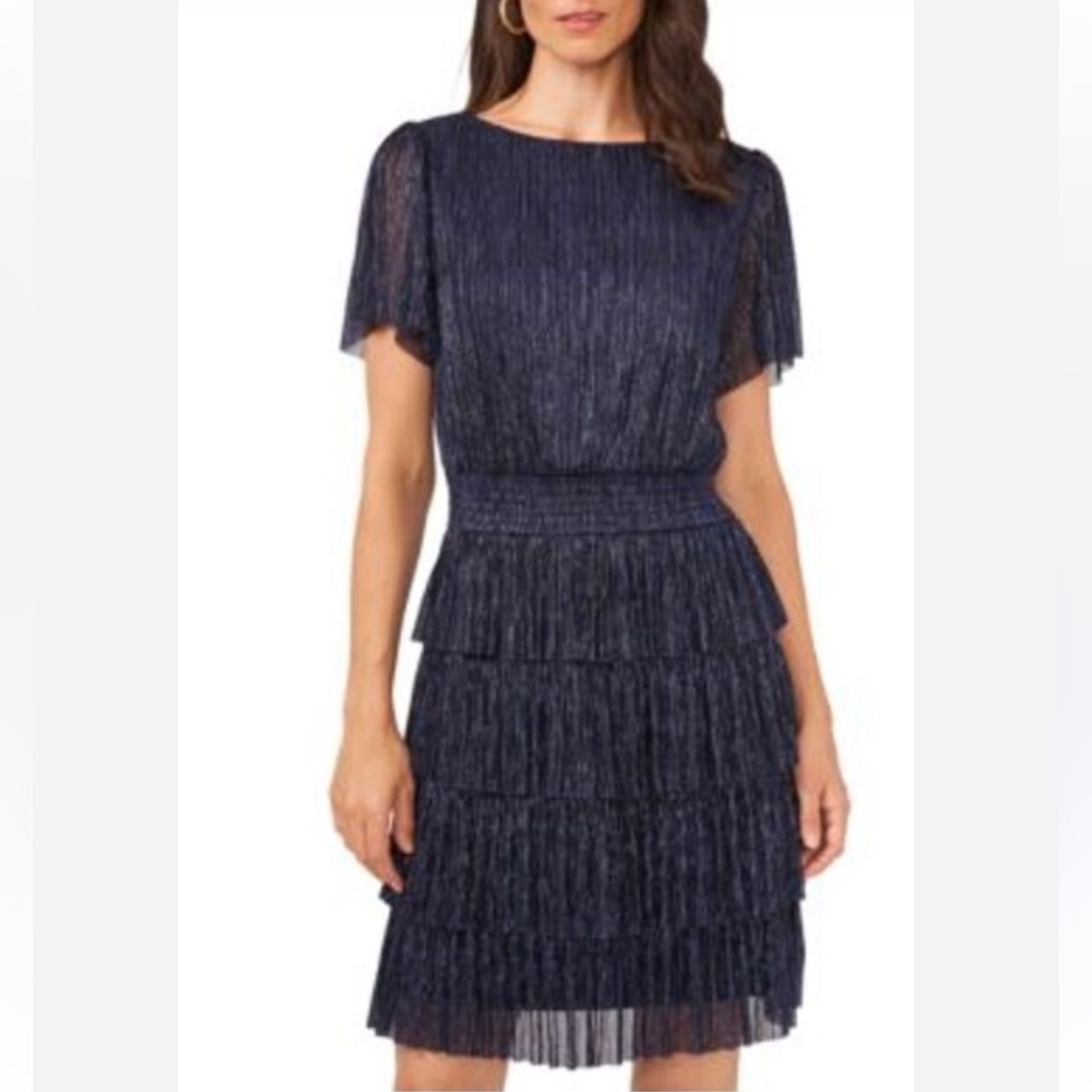 MSK Women's Short Sleeve Metallic Crinkle Tier Fit & Flare‎ Dress. Size Large.